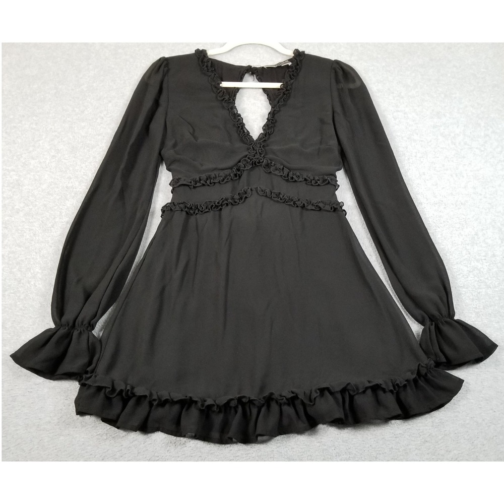 Blue Blush Mini Dress Womens Small Black Ruffle V-Neck Long Sleeve Backless Sexy